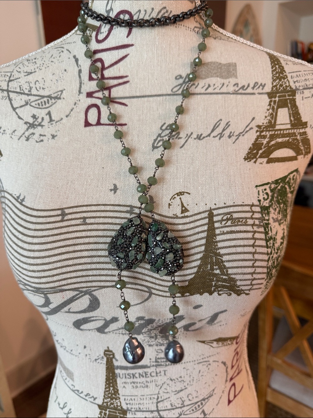 Women's Green Beaded Statement Necklace with Pear Drop Accents